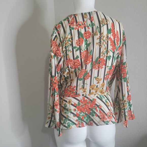 Zara Basic Small blouse top striped floral v-neck open bell sleeve drawstring - Picture 4 of 12